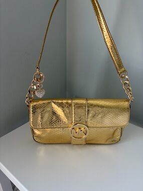 Michael Kors Metallic Gold Snake-Embossed Shoulder Bag with Charm